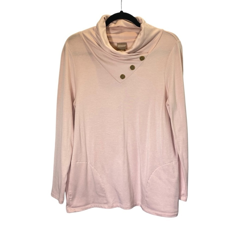 CHICO'S Women's size 1 ( USA 8/S) soft pink long sleeve cowl neck button accent